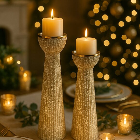 NWOT Set of 2 Luxury Champagne Beaded Ceramic Decorative Candle Holders - Picture 1 of 16